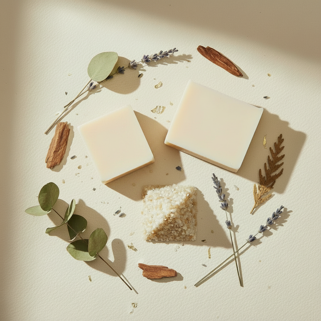 Selah Rest Ritual Bundle - rectangular lotion bar, rectangular soap bar, and bath salts with botanicals